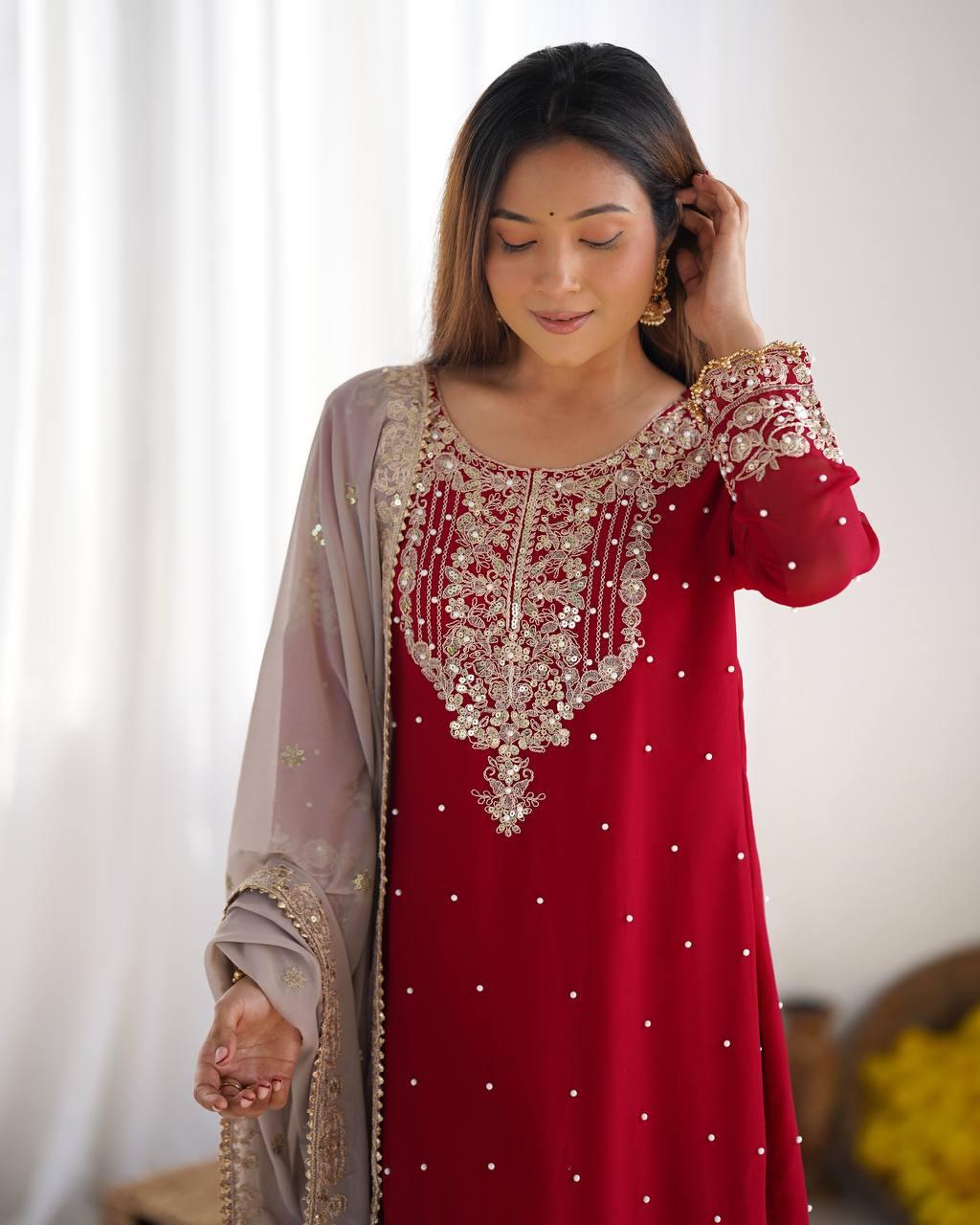 Elegant Red Embroidered Kurta with Net Sharara and Dupatta