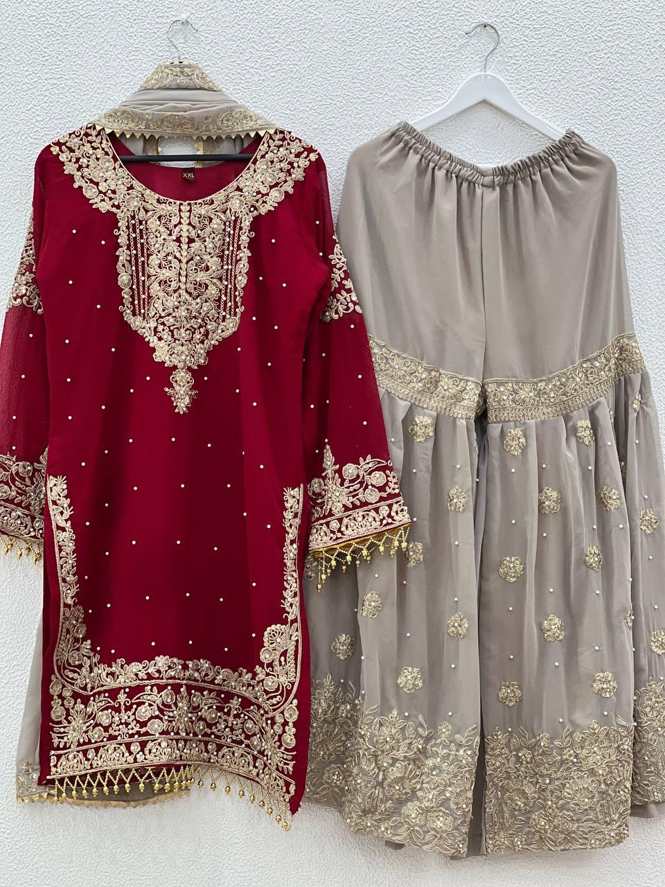 Elegant Red Embroidered Kurta with Net Sharara and Dupatta