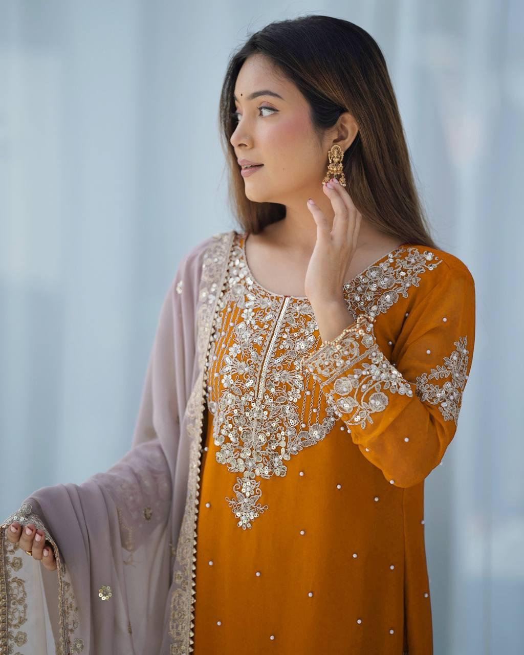 Mustard Yellow Embroidered Kurta with Net Sharara and Dupatta Luxe Traditional Festive Wear Set
