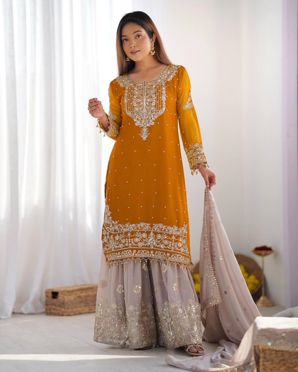 Mustard Yellow Embroidered Kurta with Net Sharara and Dupatta Luxe Traditional Festive Wear Set