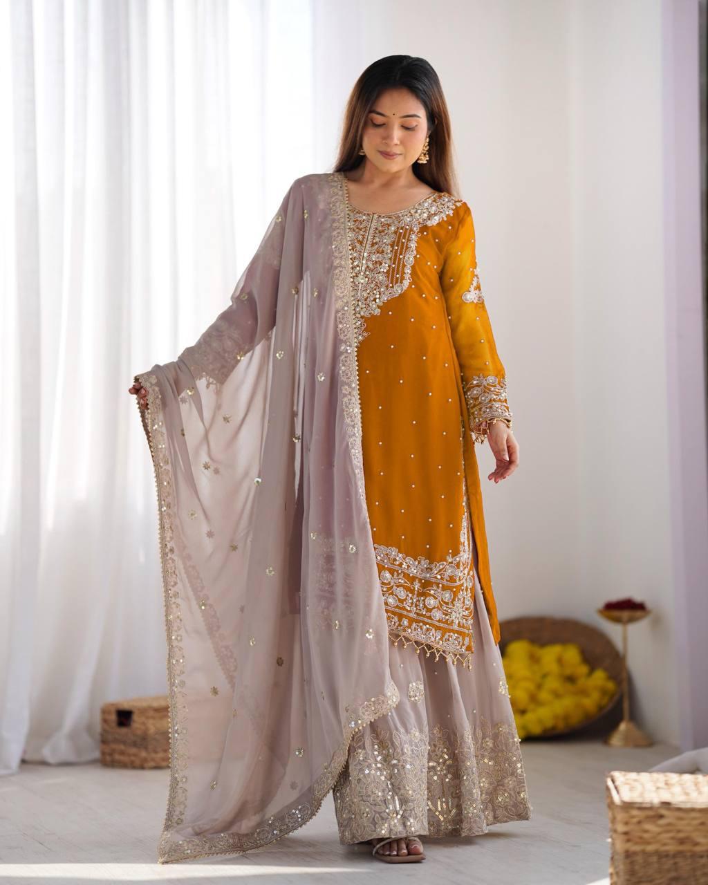 Mustard Yellow Embroidered Kurta with Net Sharara and Dupatta Luxe Traditional Festive Wear Set