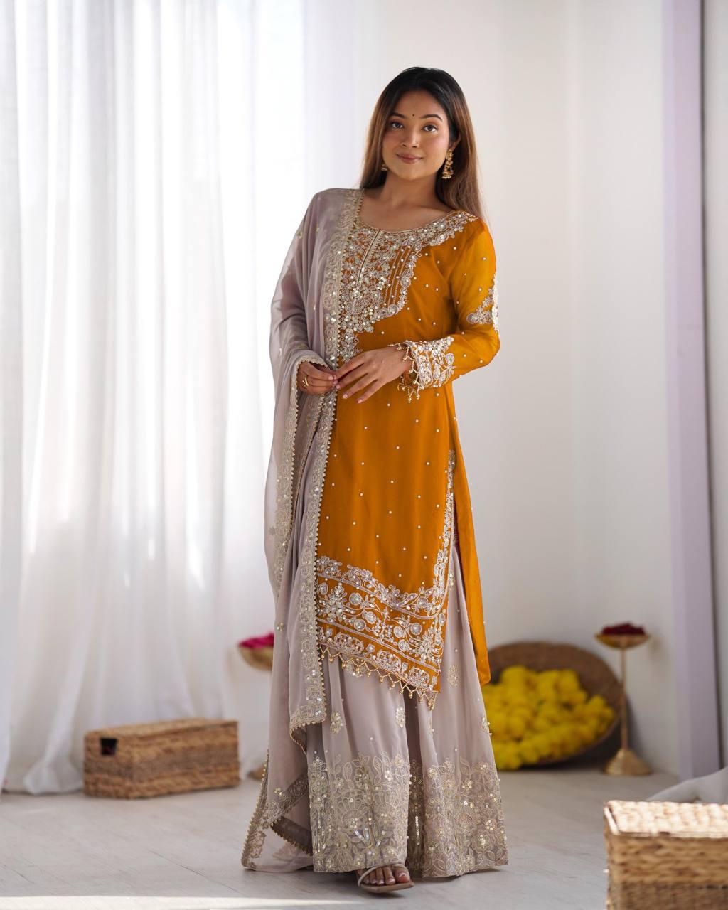 Mustard Yellow Embroidered Kurta with Net Sharara and Dupatta Luxe Traditional Festive Wear Set