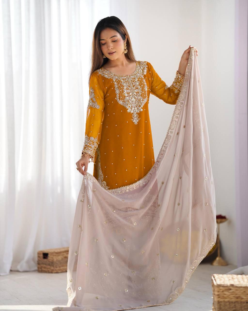 Mustard Yellow Embroidered Kurta with Net Sharara and Dupatta Luxe Traditional Festive Wear Set