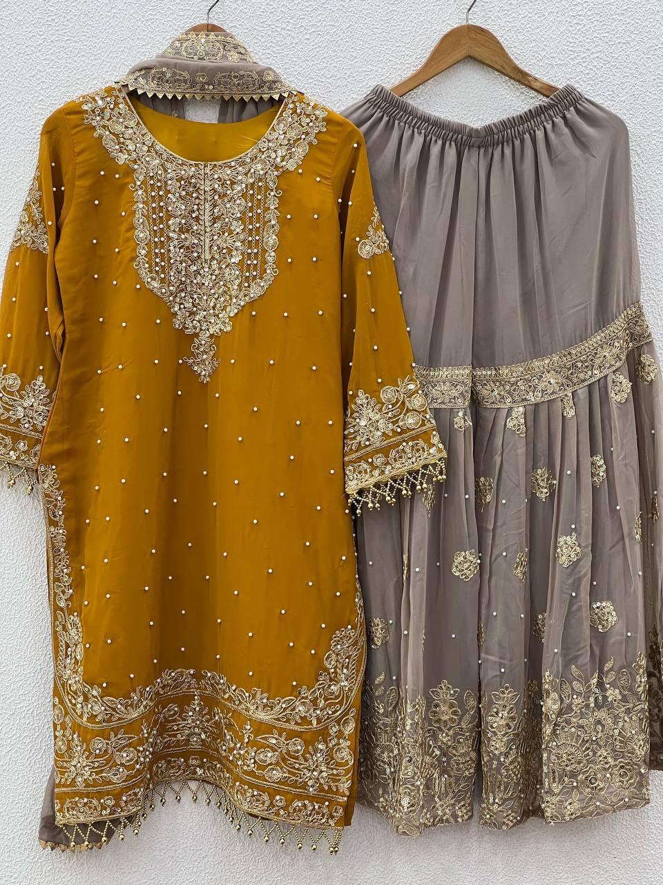 Mustard Yellow Embroidered Kurta with Net Sharara and Dupatta Luxe Traditional Festive Wear Set