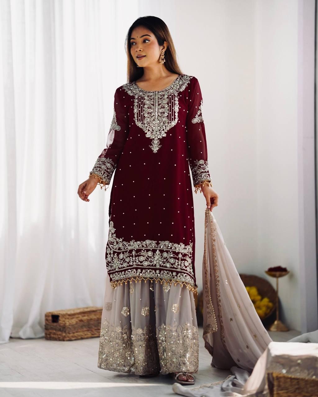 Deep Wine Embroidered Kurta with Stone-Embellished Sharara and Net Dupatta