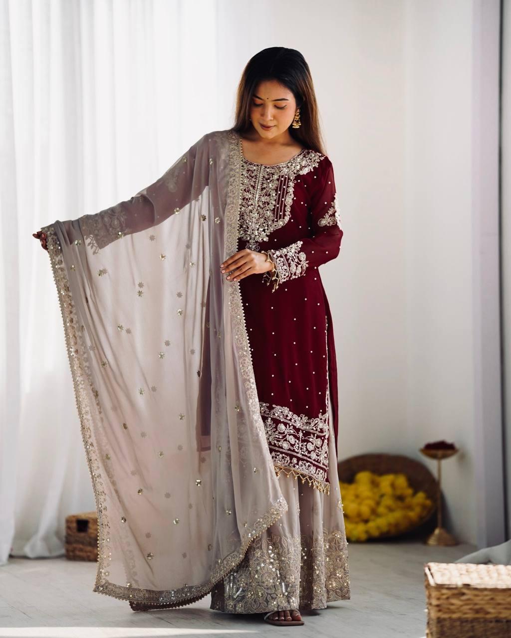 Deep Wine Embroidered Kurta with Stone-Embellished Sharara and Net Dupatta