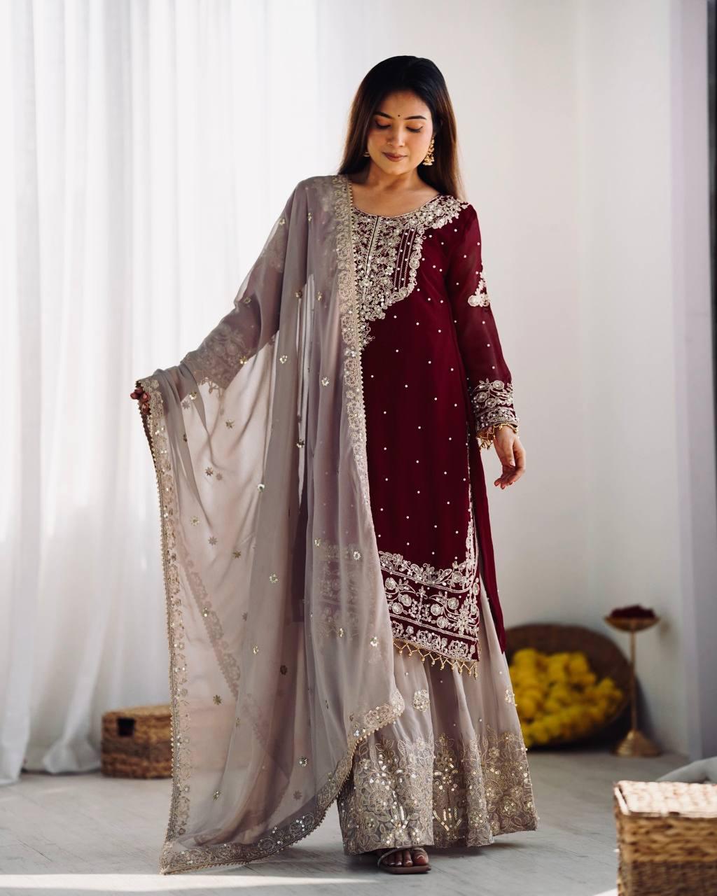 Deep Wine Embroidered Kurta with Stone-Embellished Sharara and Net Dupatta