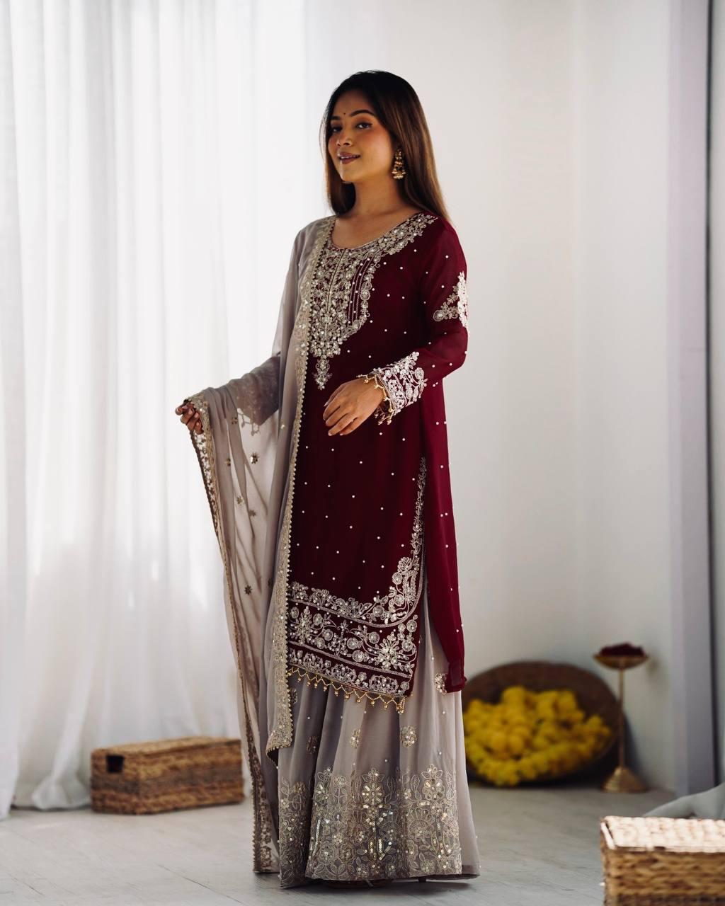 Deep Wine Embroidered Kurta with Stone-Embellished Sharara and Net Dupatta
