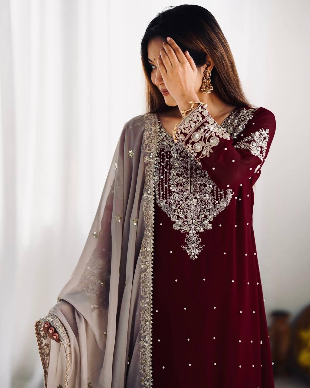 Deep Wine Embroidered Kurta with Stone-Embellished Sharara and Net Dupatta