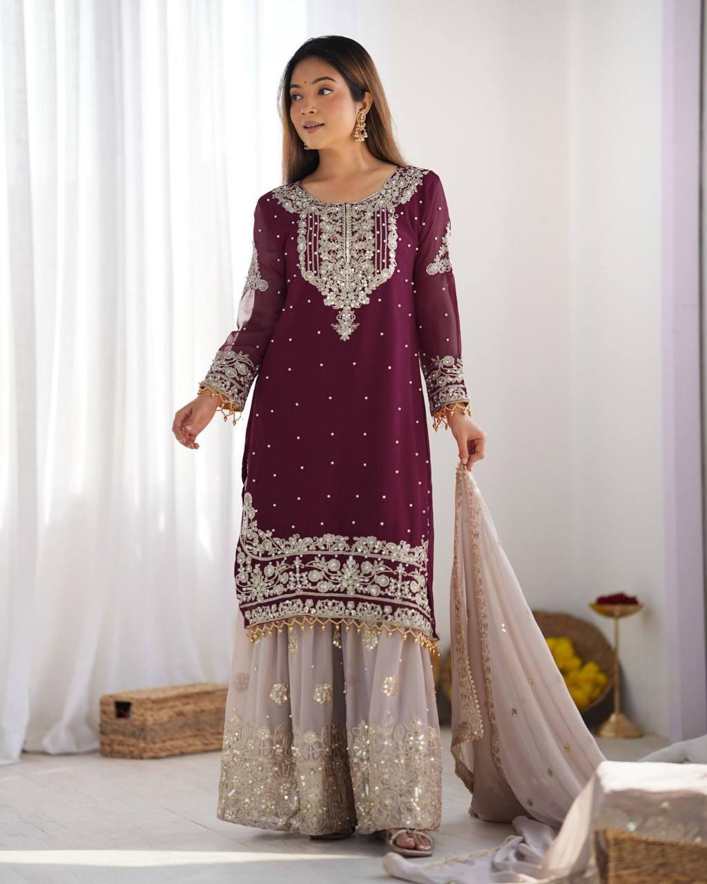 Plum Purple Embroidered Kurta with Net Sharara and Dupatta