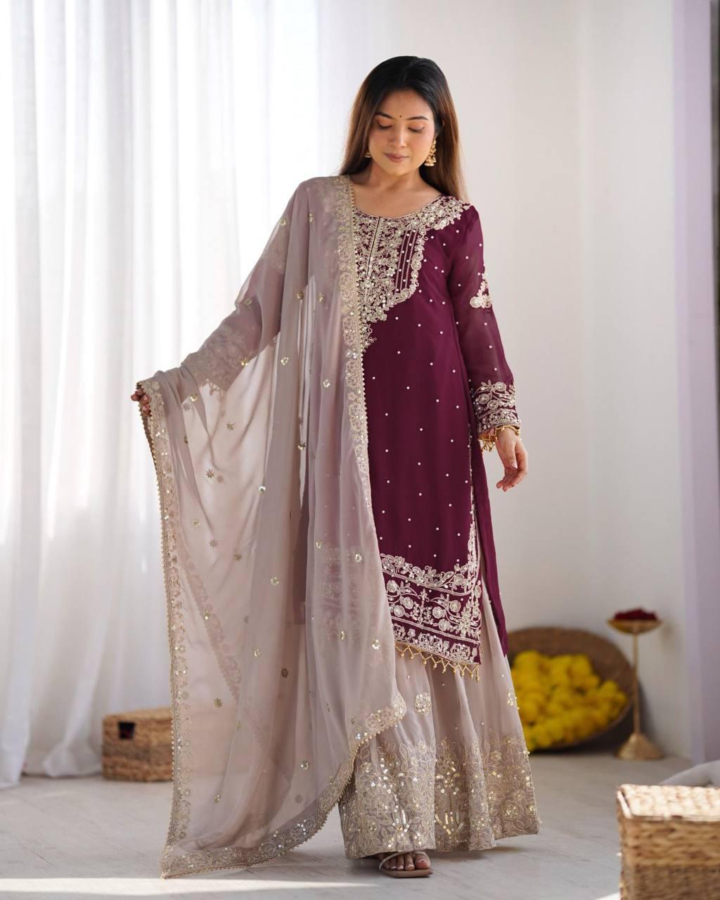Plum Purple Embroidered Kurta with Net Sharara and Dupatta