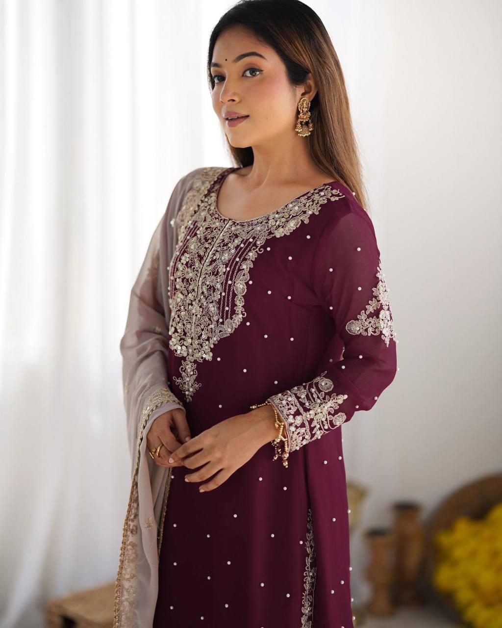 Plum Purple Embroidered Kurta with Net Sharara and Dupatta
