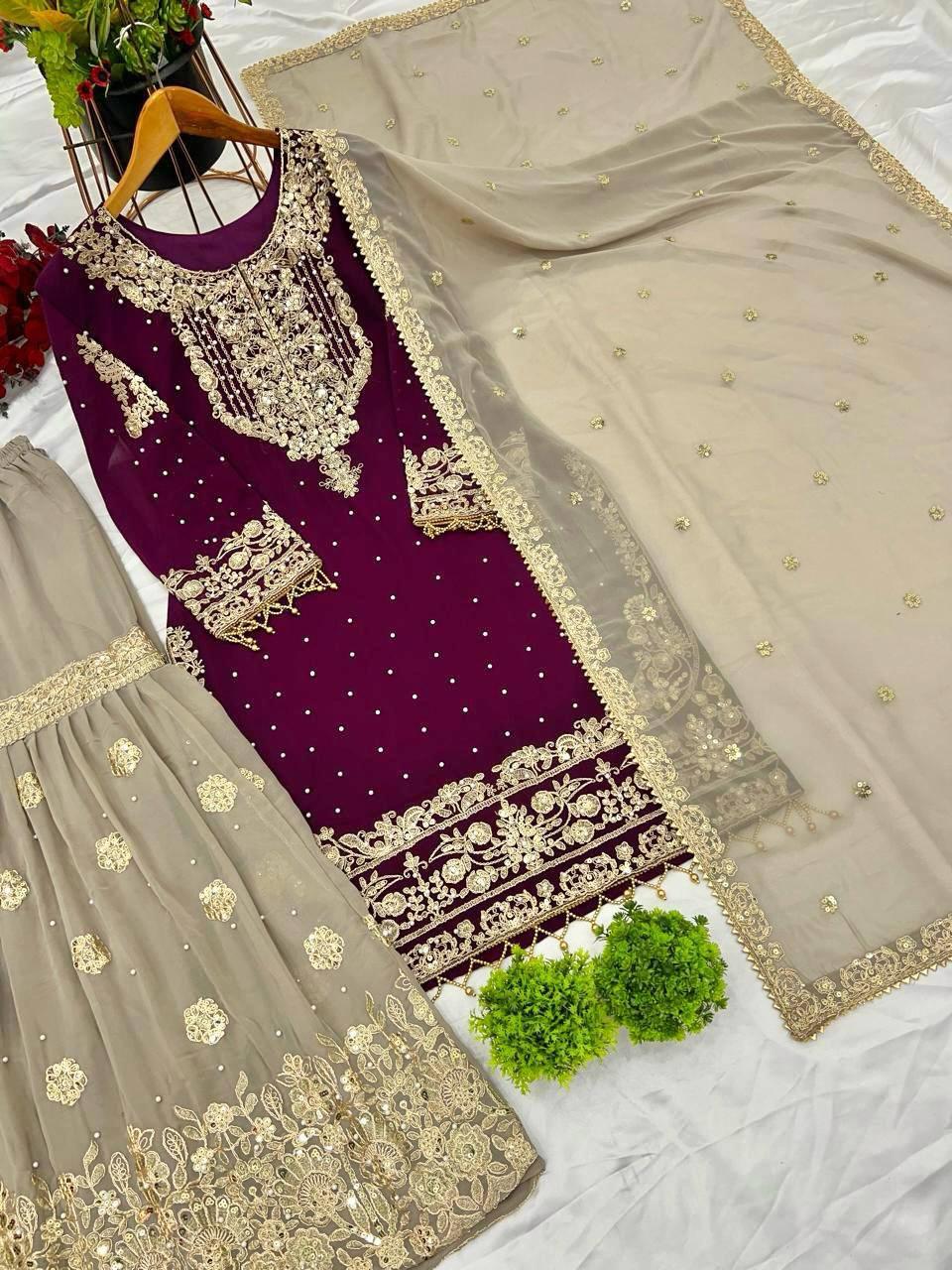 Plum Purple Embroidered Kurta with Net Sharara and Dupatta
