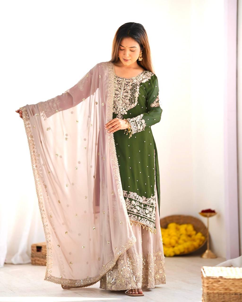 Emerald Green Embroidered Kurta with Sequin Sharara and Dupatta
