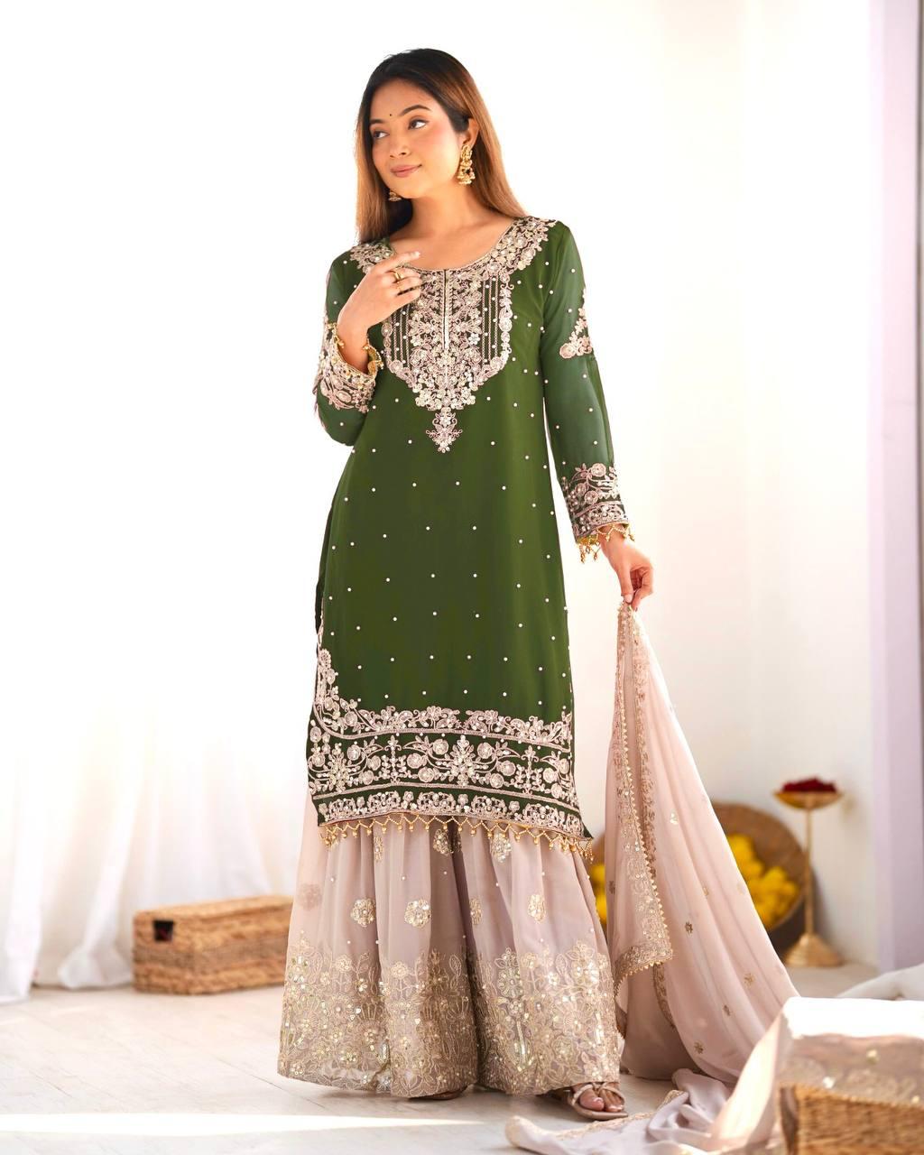 Emerald Green Embroidered Kurta with Sequin Sharara and Dupatta