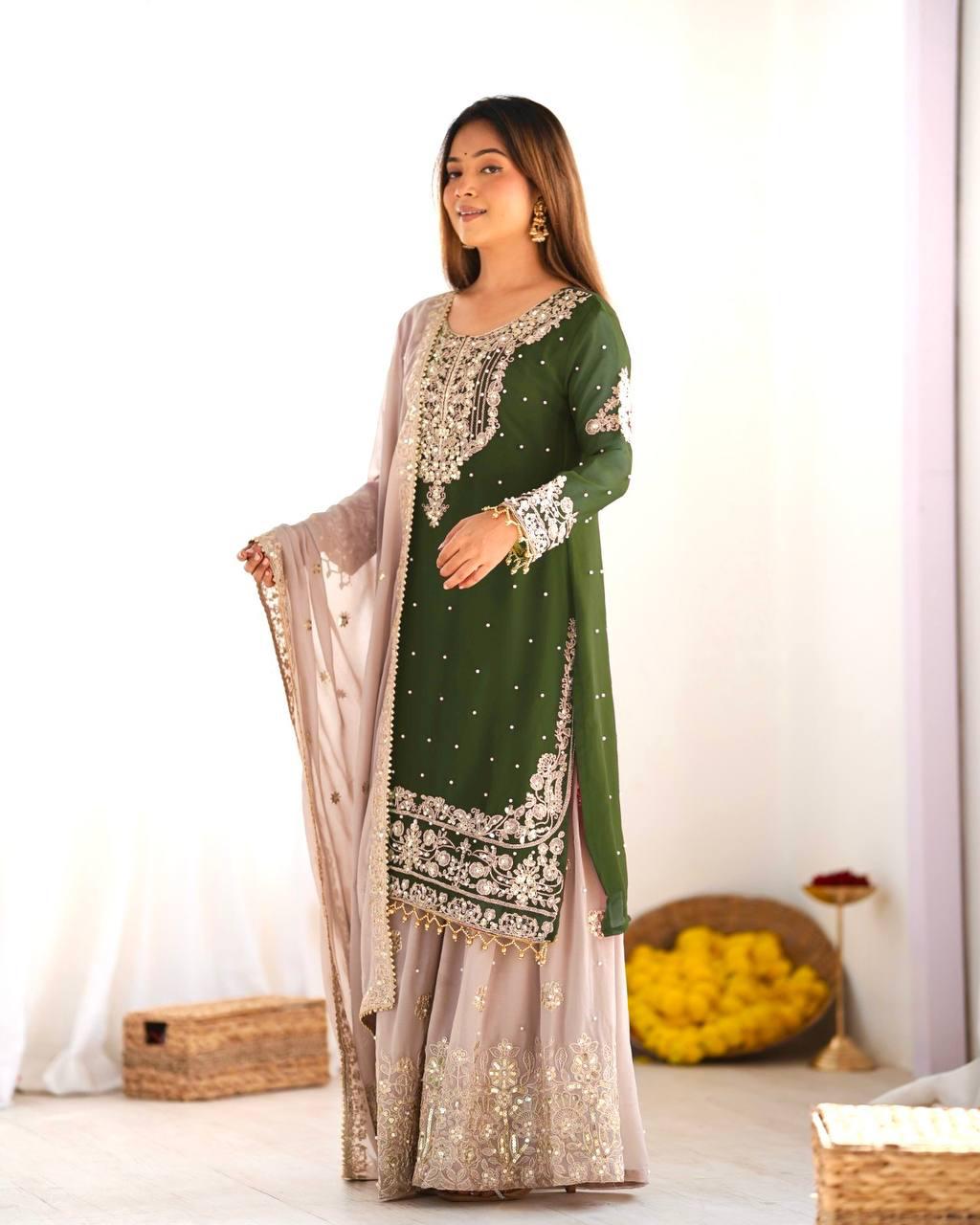 Emerald Green Embroidered Kurta with Sequin Sharara and Dupatta