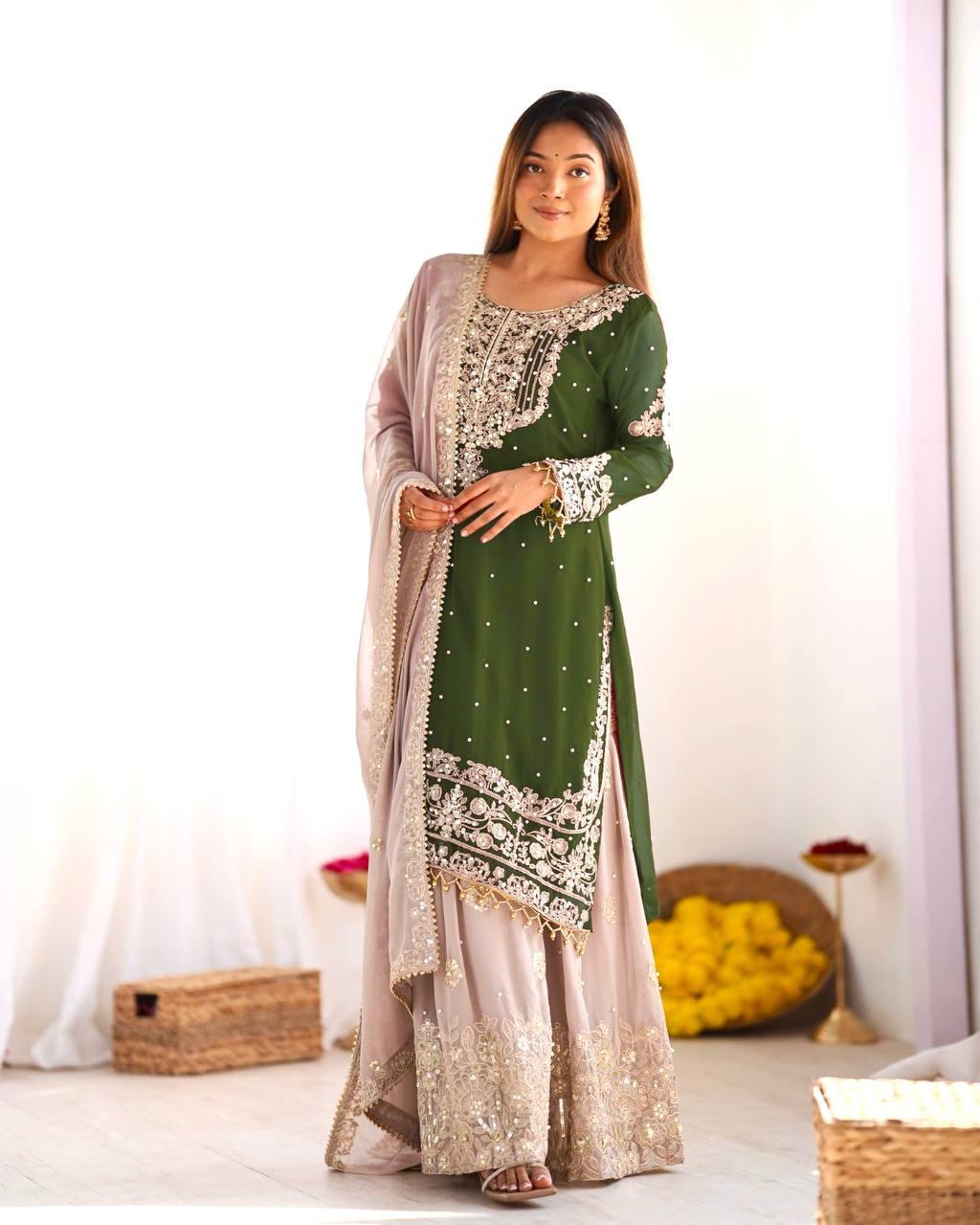 Emerald Green Embroidered Kurta with Sequin Sharara and Dupatta