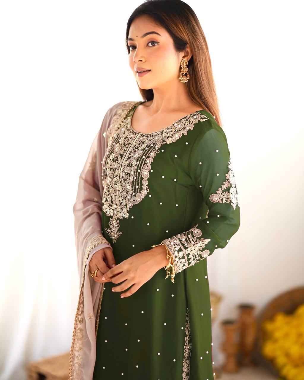 Emerald Green Embroidered Kurta with Sequin Sharara and Dupatta