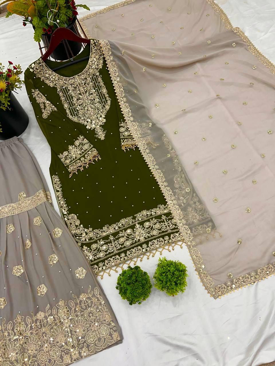 Emerald Green Embroidered Kurta with Sequin Sharara and Dupatta
