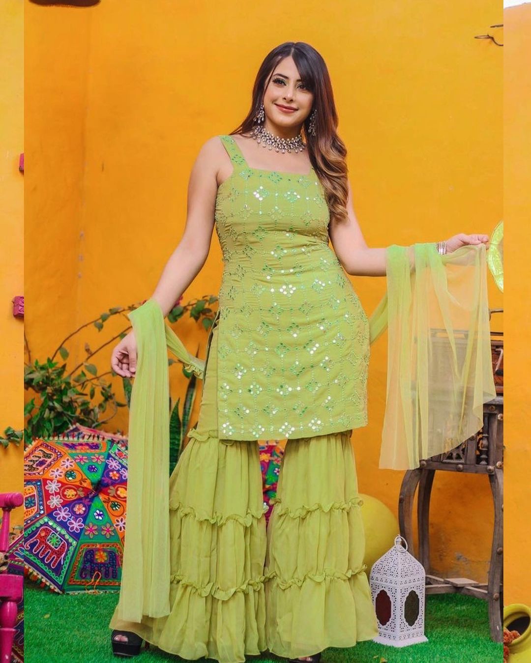 Beautiful women mint green colour sarara set