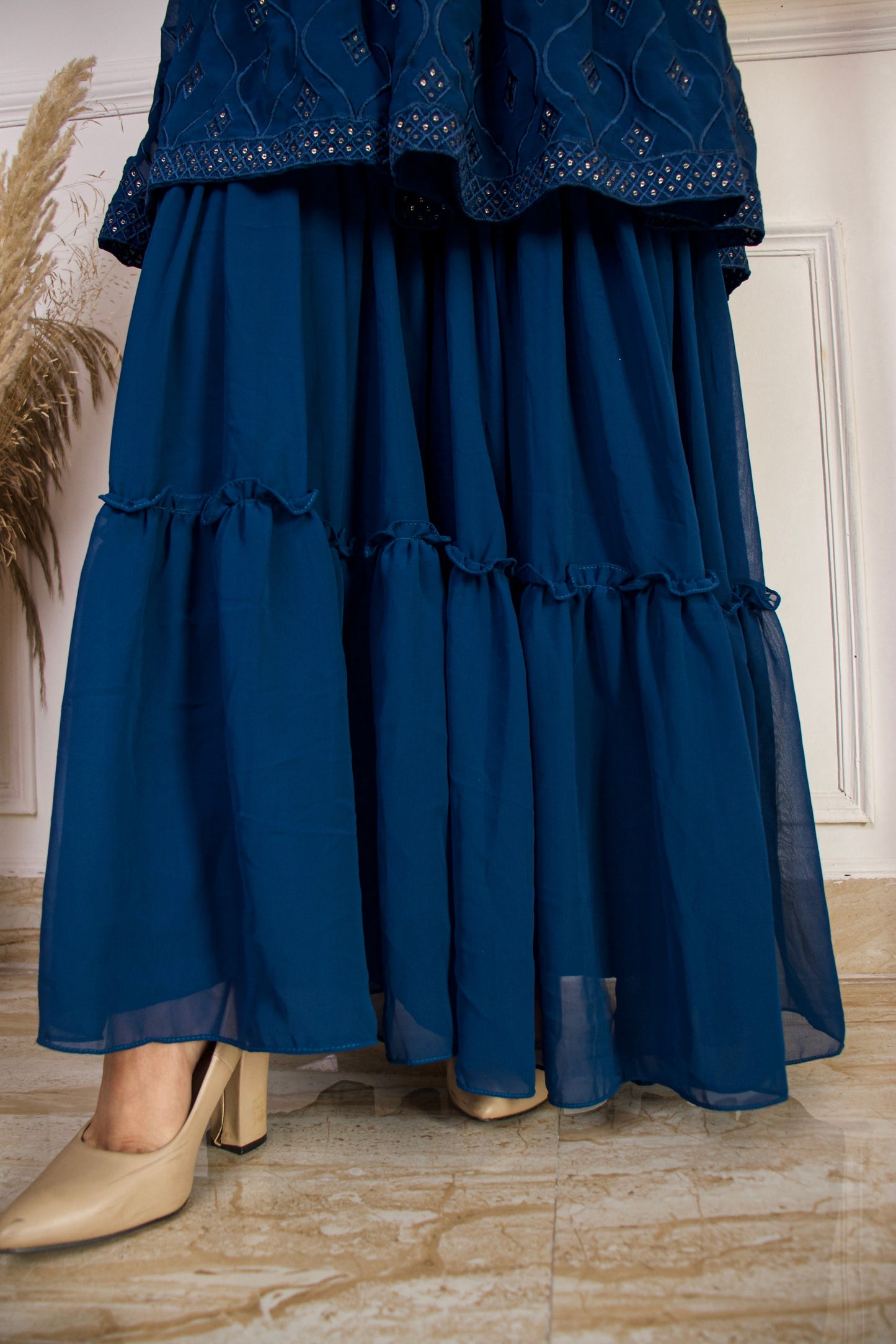 Women navy blue colour sequence work sarara set