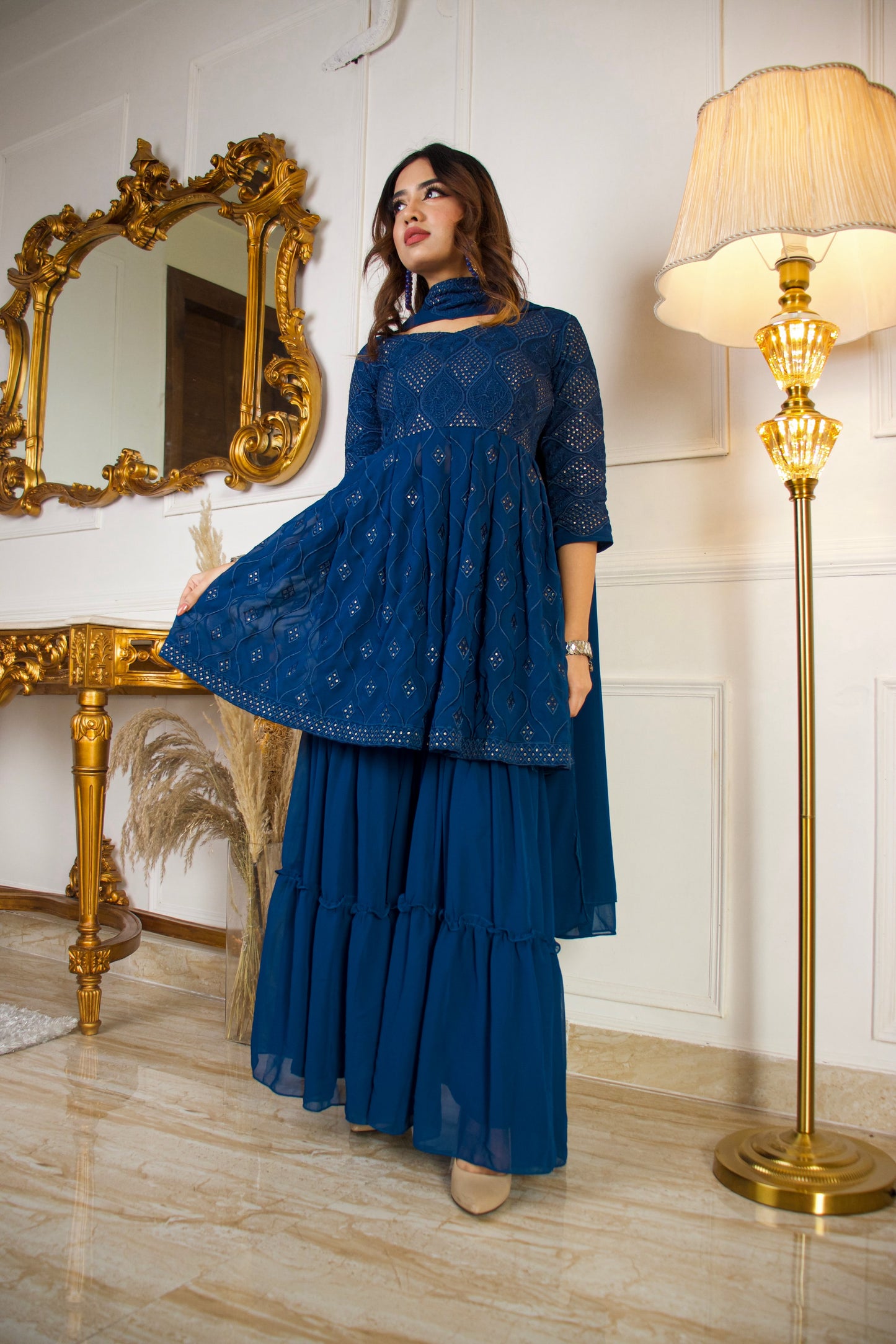 Women navy blue colour sequence work sarara set