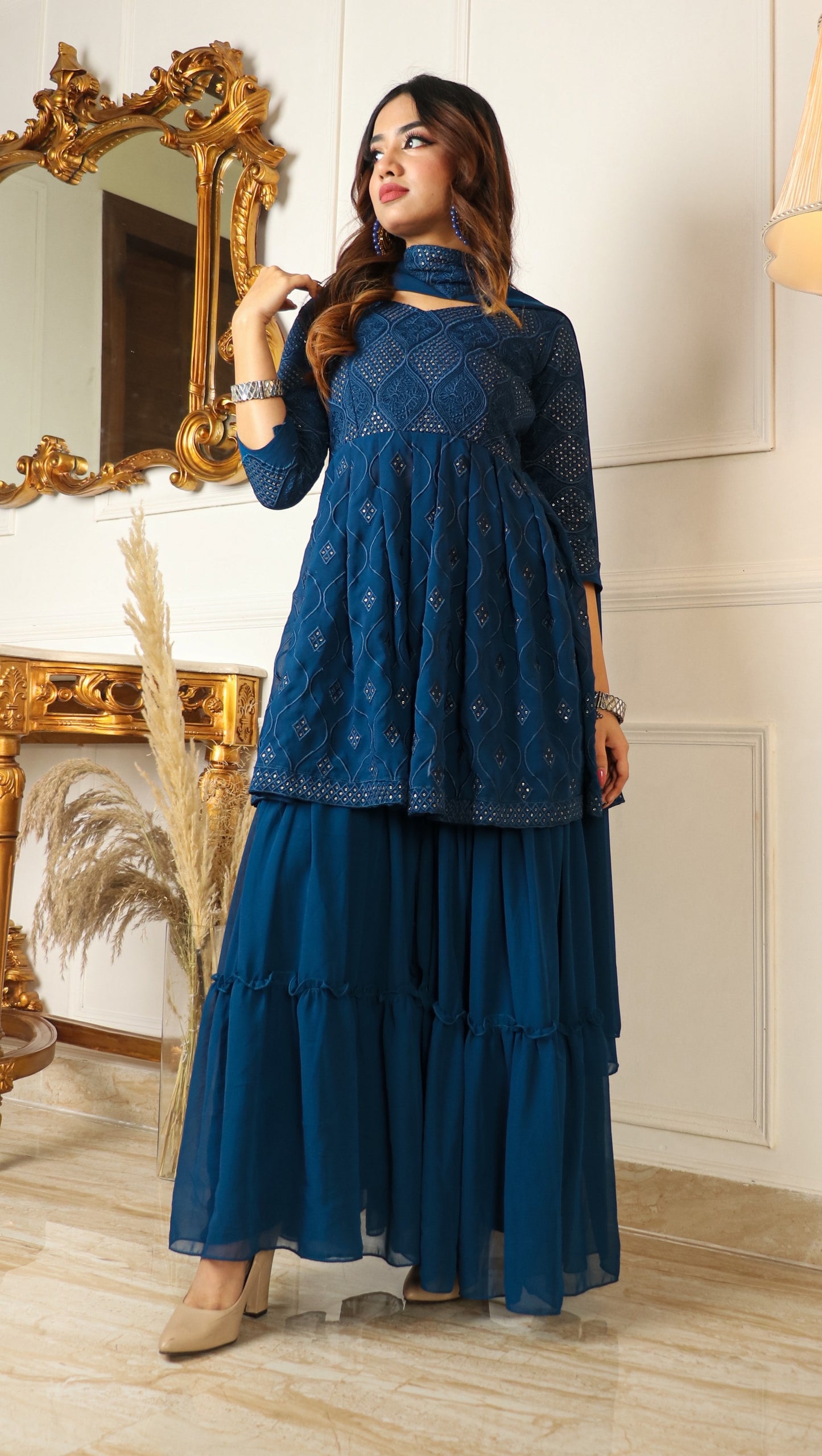 Women navy blue colour sequence work sarara set