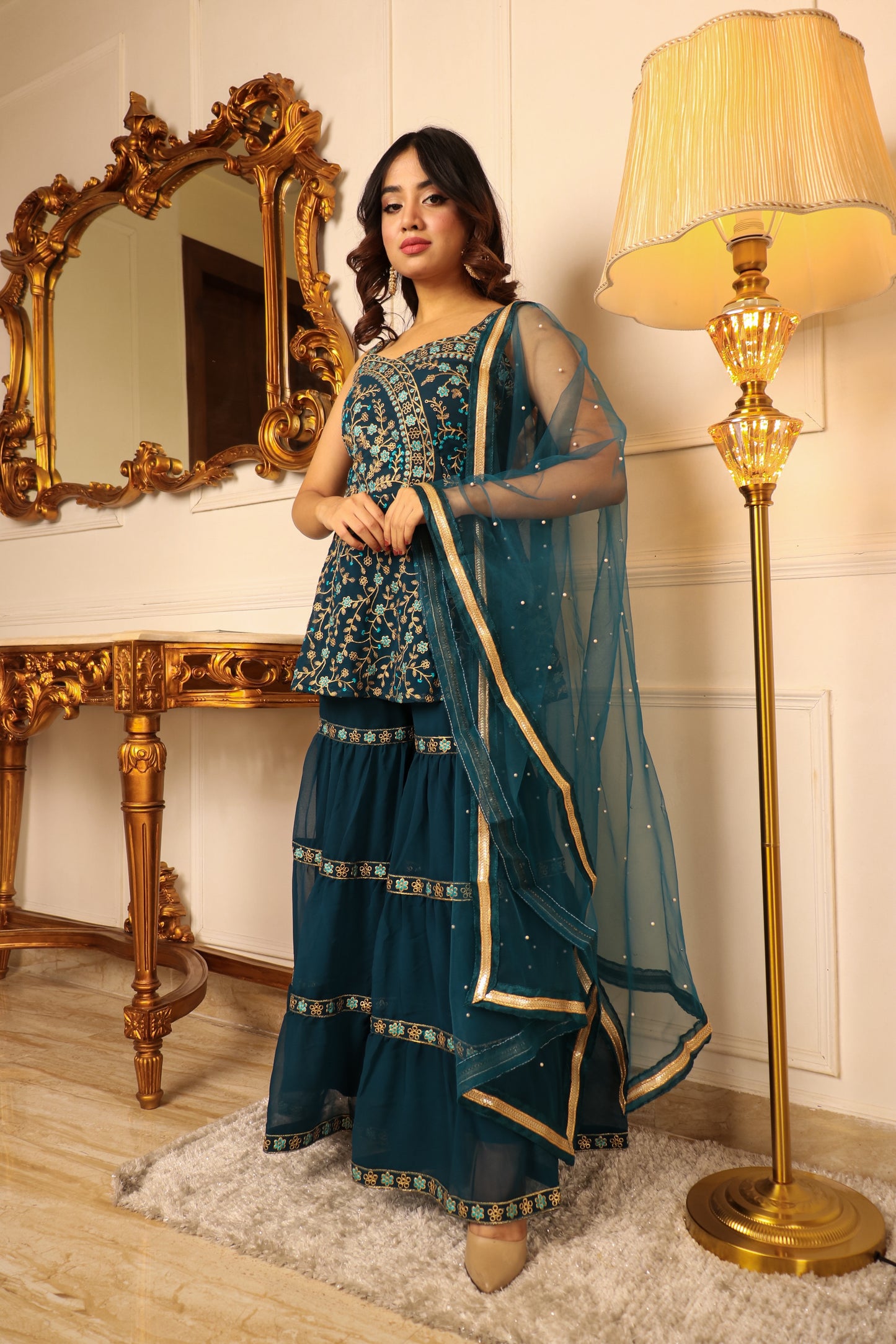Women rama colour embroidery work sarara set