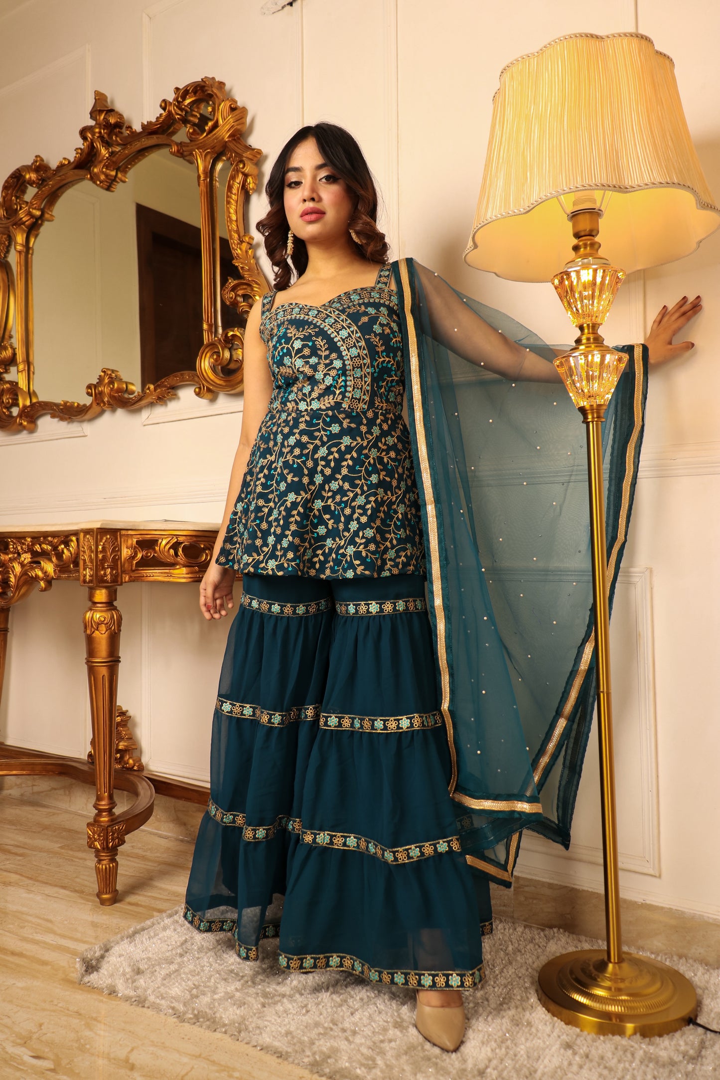 Women rama colour embroidery work sarara set
