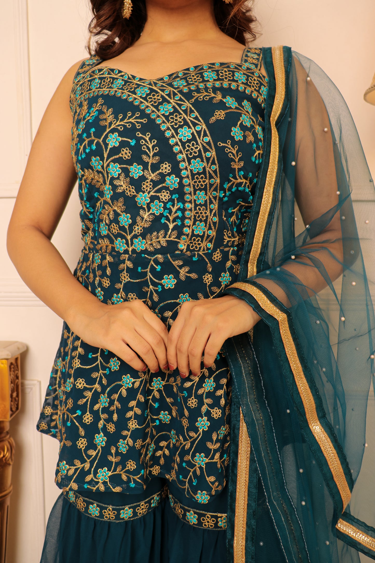 Women rama colour embroidery work sarara set