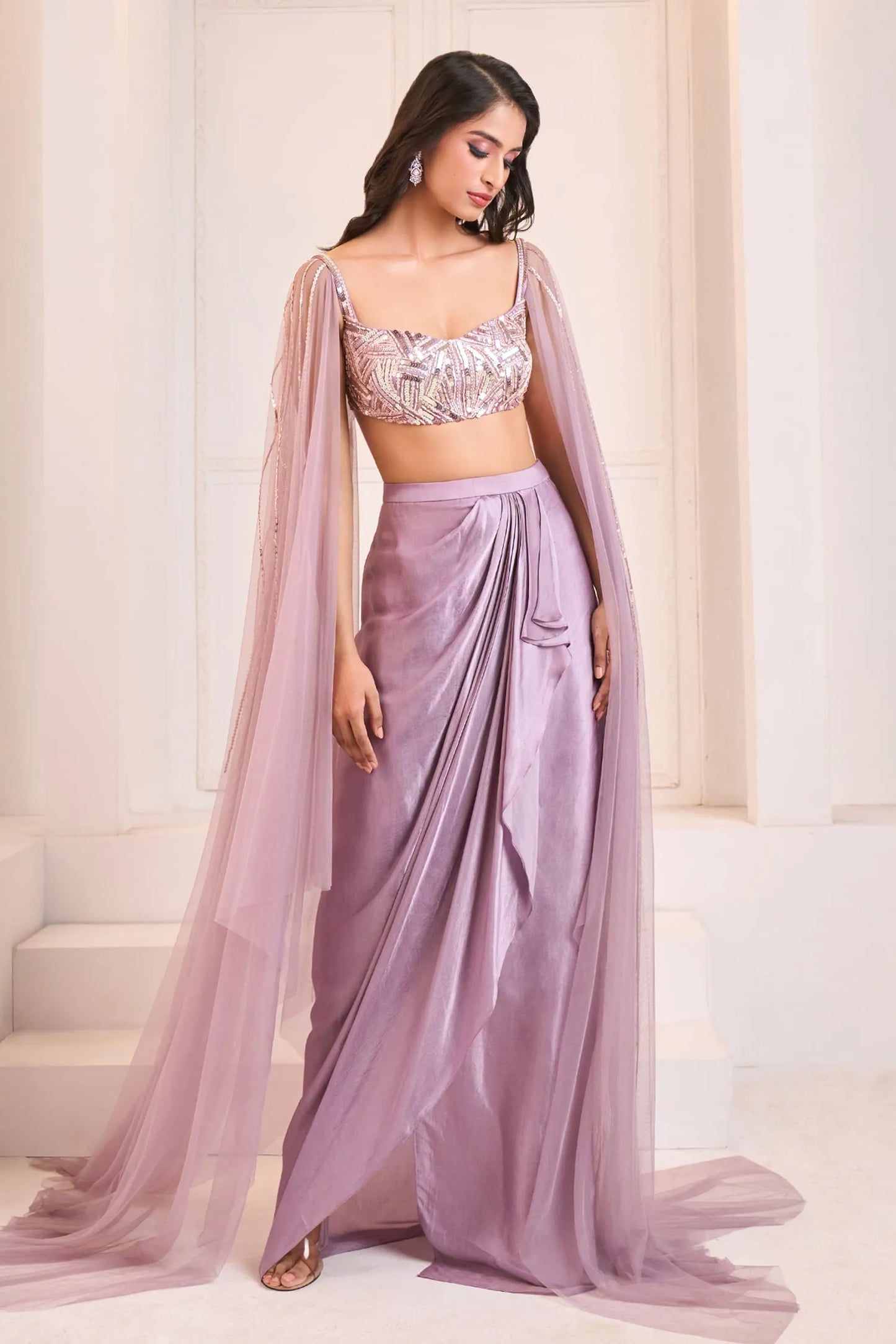 Purple Sequins, Cut Work Draped Dhoti Skirt With Embroidered Blouse
