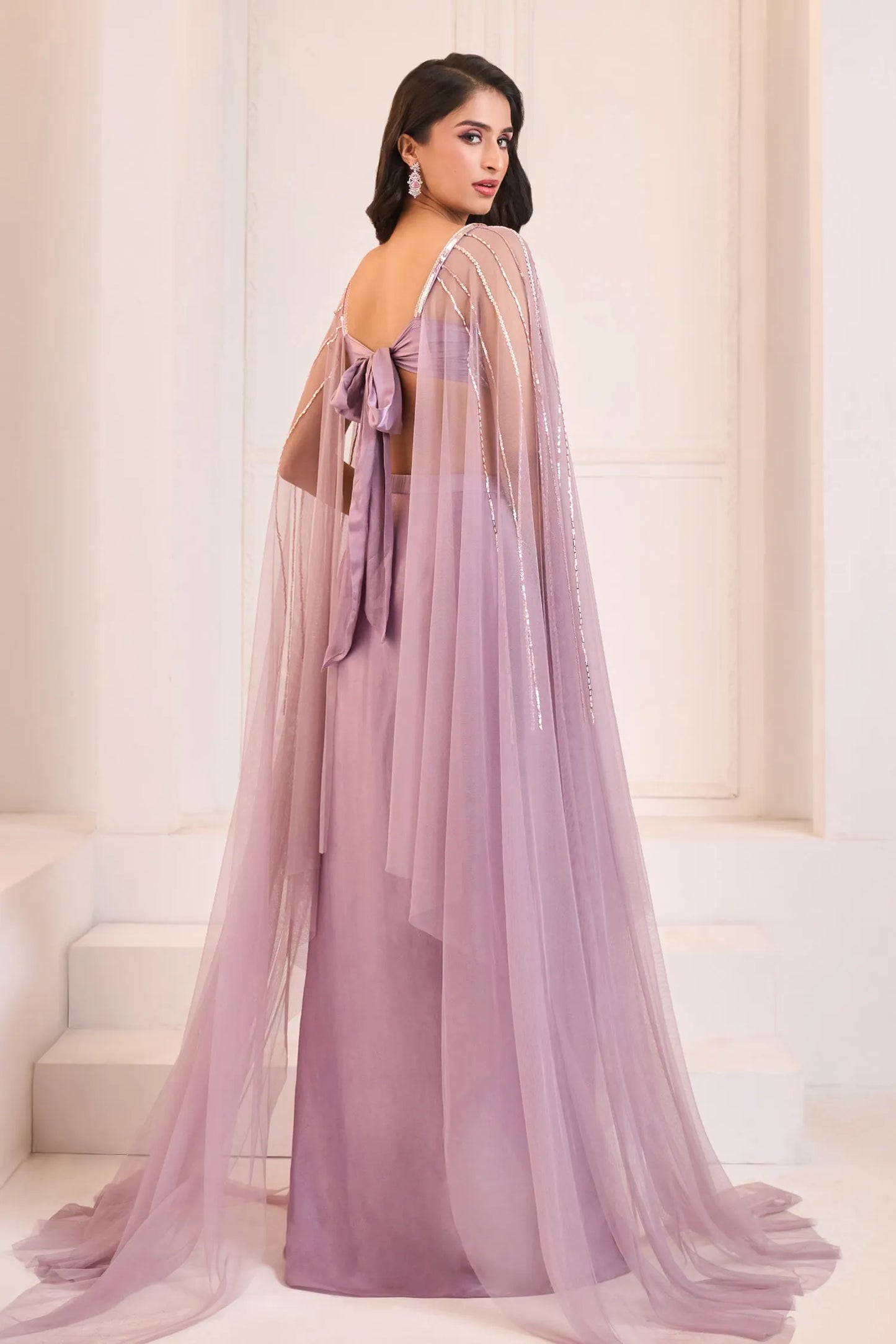 Purple Sequins, Cut Work Draped Dhoti Skirt With Embroidered Blouse