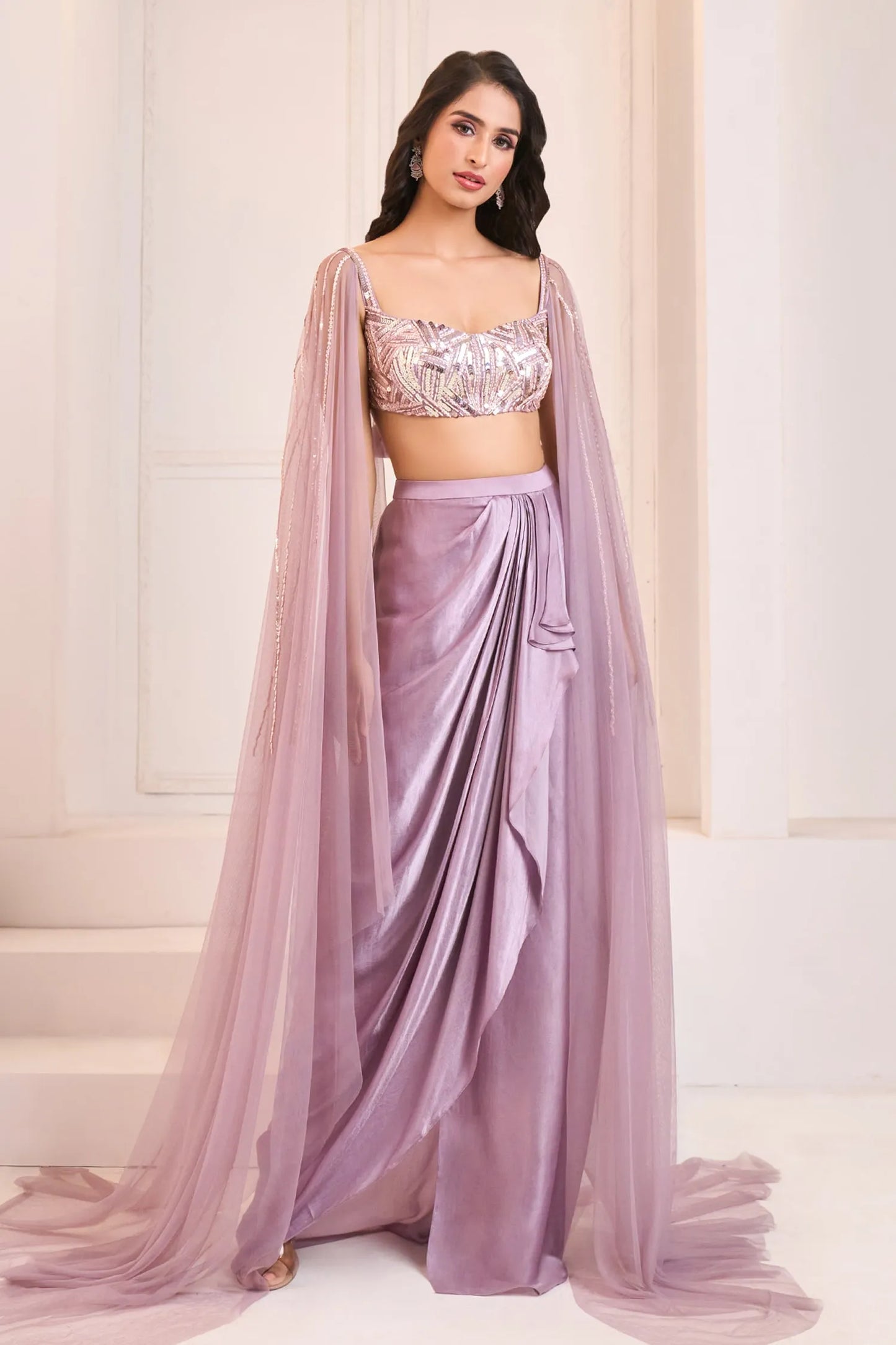 Purple Sequins, Cut Work Draped Dhoti Skirt With Embroidered Blouse