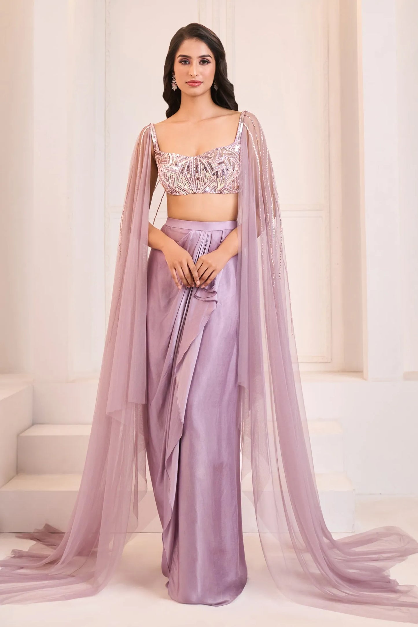 Purple Sequins, Cut Work Draped Dhoti Skirt With Embroidered Blouse
