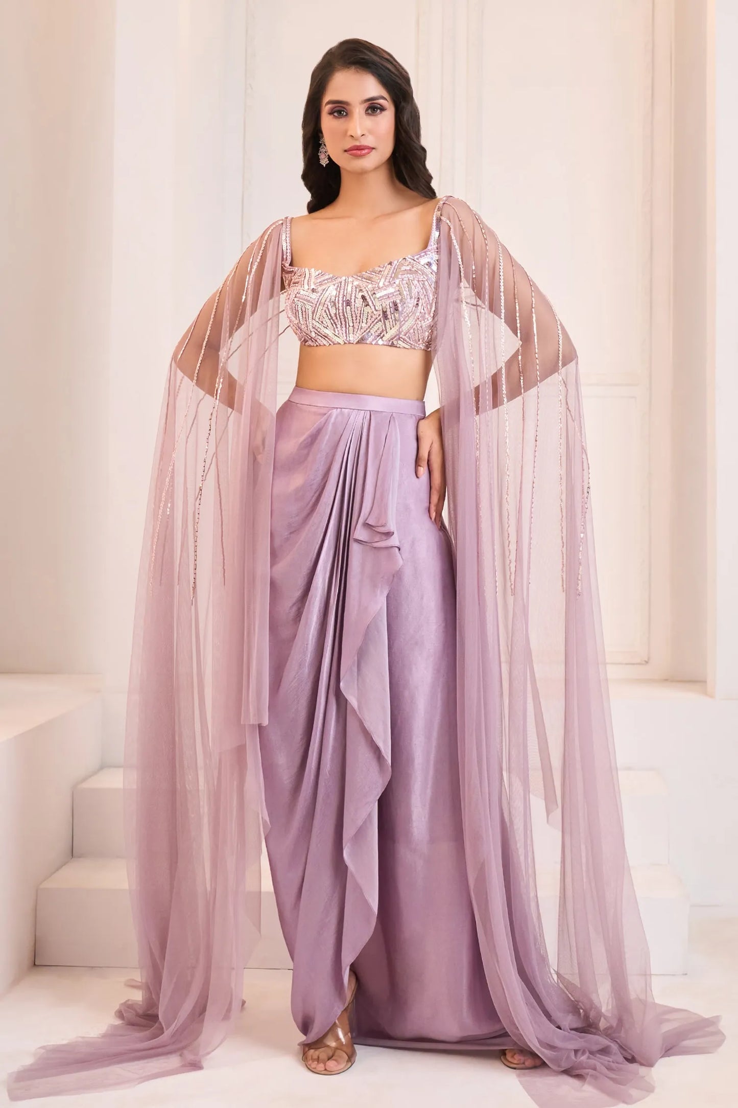 Purple Sequins, Cut Work Draped Dhoti Skirt With Embroidered Blouse