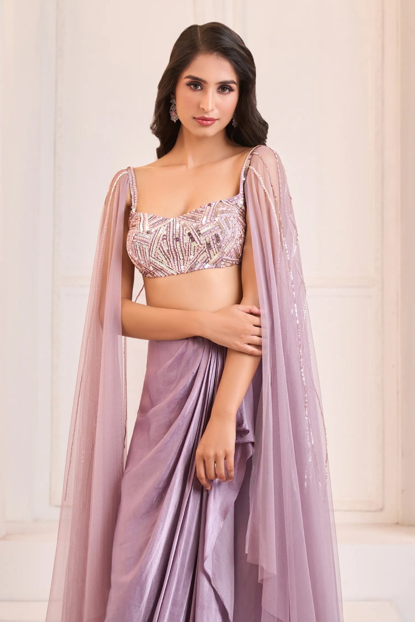 Purple Sequins, Cut Work Draped Dhoti Skirt With Embroidered Blouse