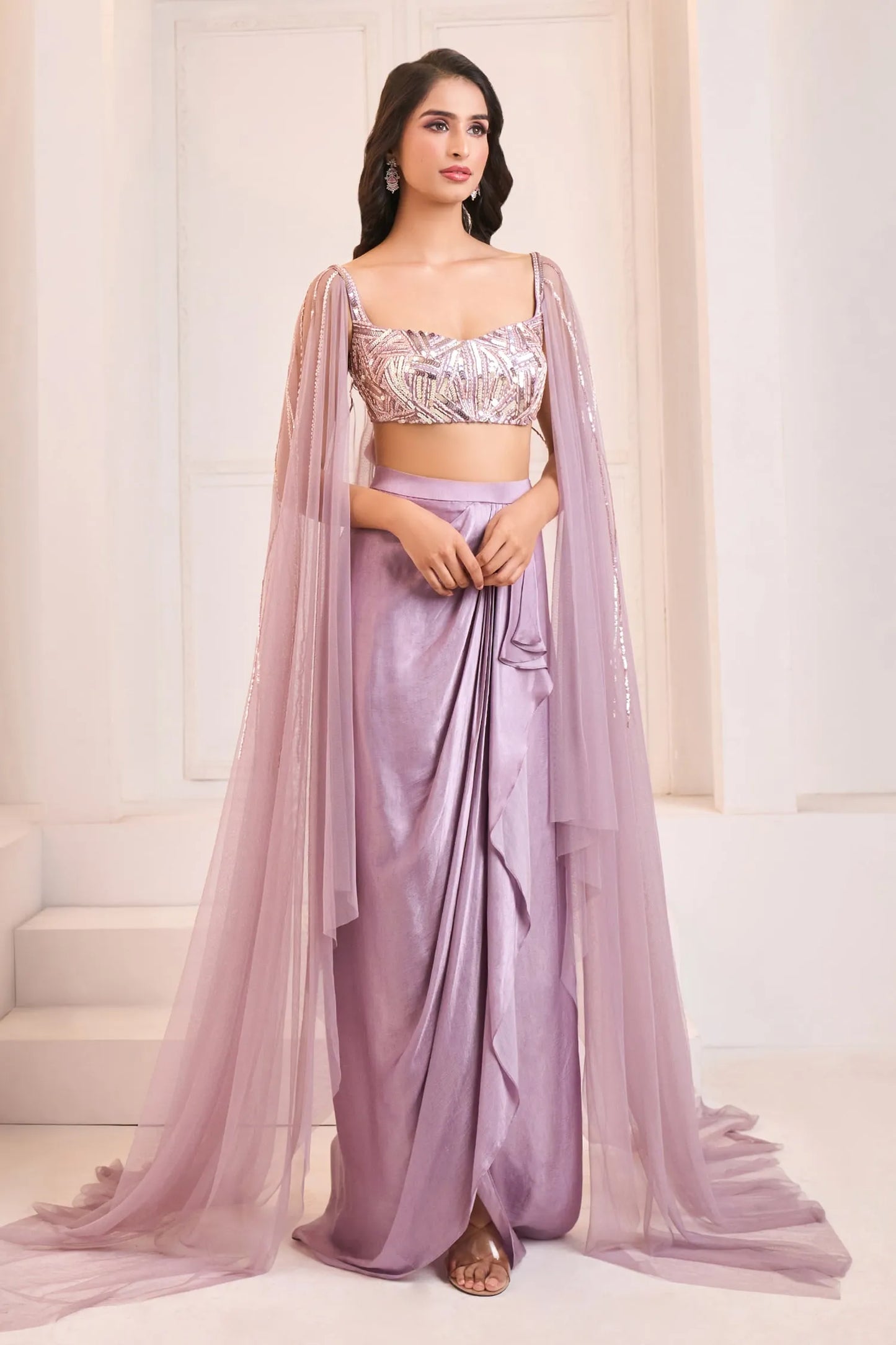 Purple Sequins, Cut Work Draped Dhoti Skirt With Embroidered Blouse