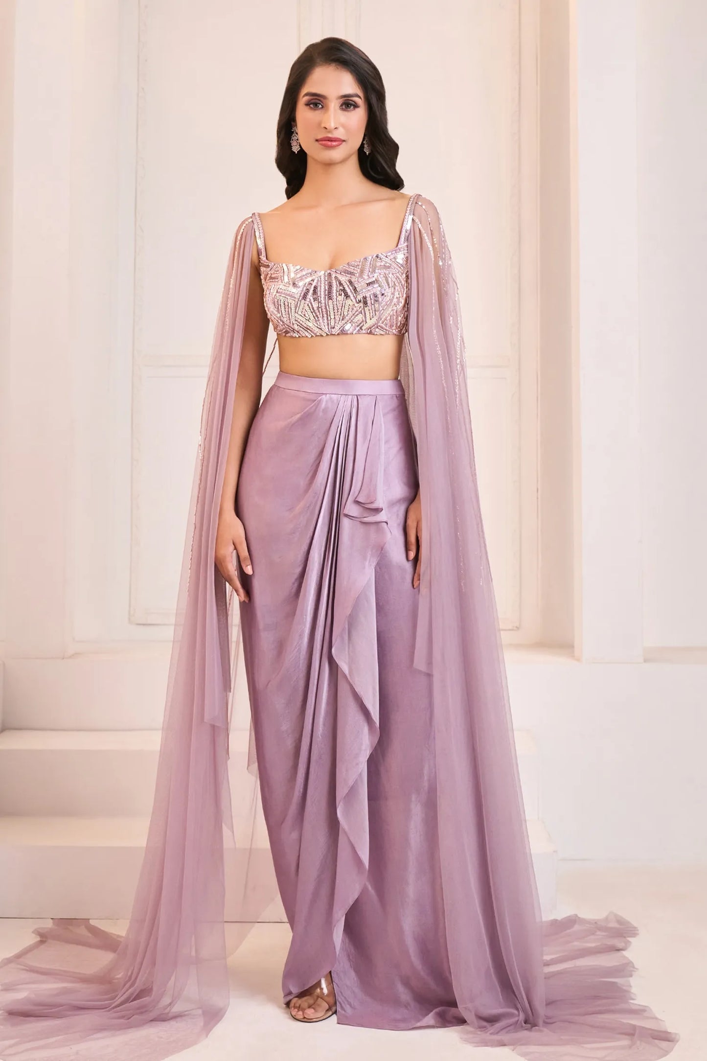 Purple Sequins, Cut Work Draped Dhoti Skirt With Embroidered Blouse