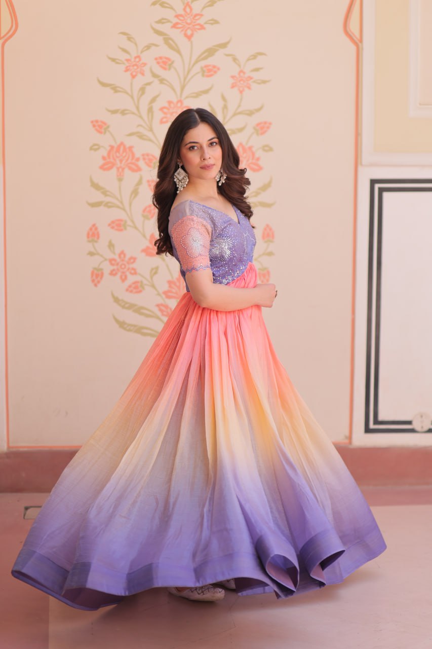 Elegant Ombre Anarkali Gown with Sequin Pink Bodice and Multicolor Flowing Skirt