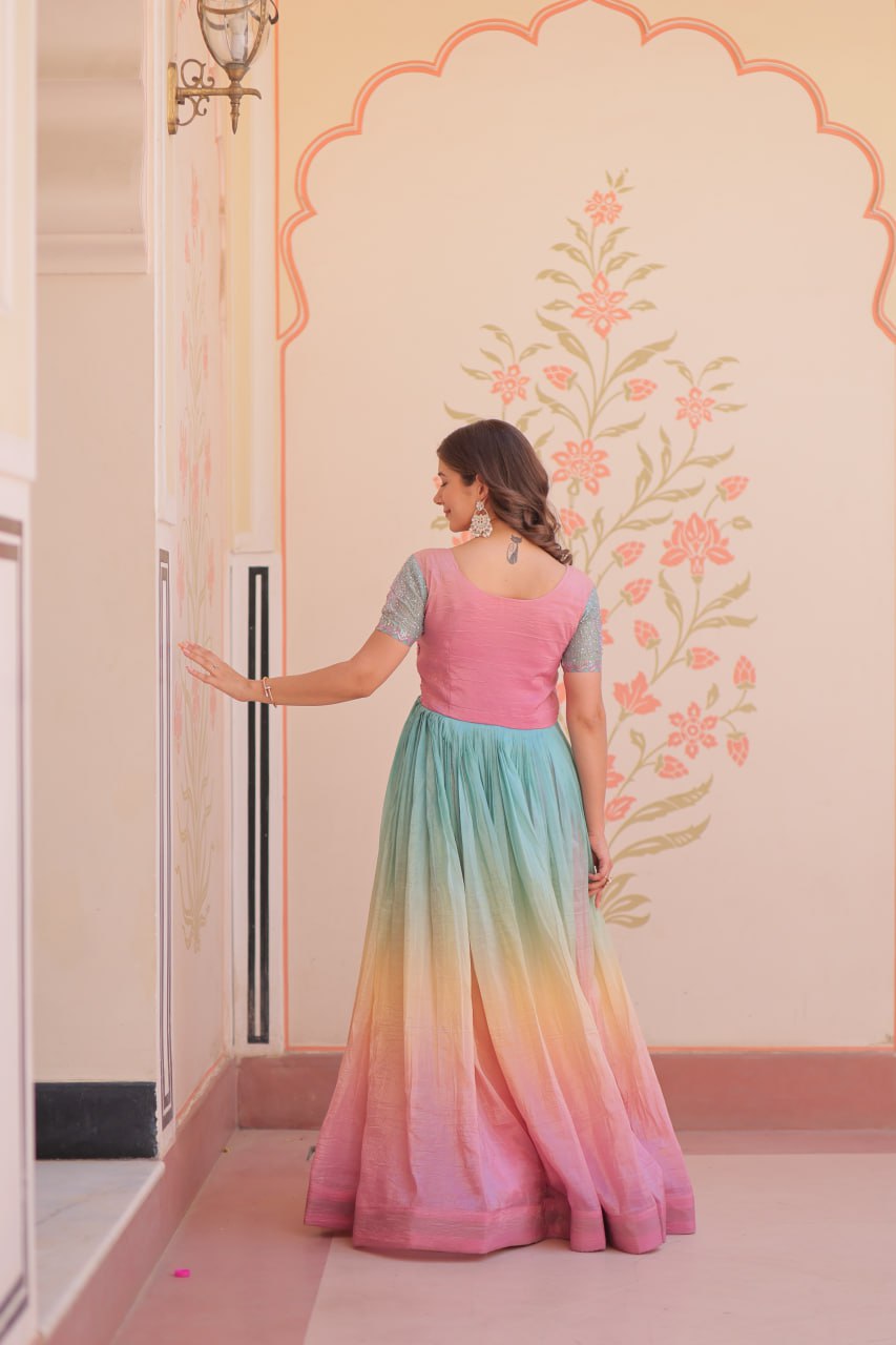 Elegant Ombre Anarkali Gown with Sequin Pink Bodice and Multicolor Flowing Skirt