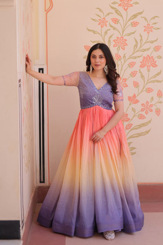 Elegant Ombre Anarkali Gown with Sequin Pink Bodice and Multicolor Flowing Skirt