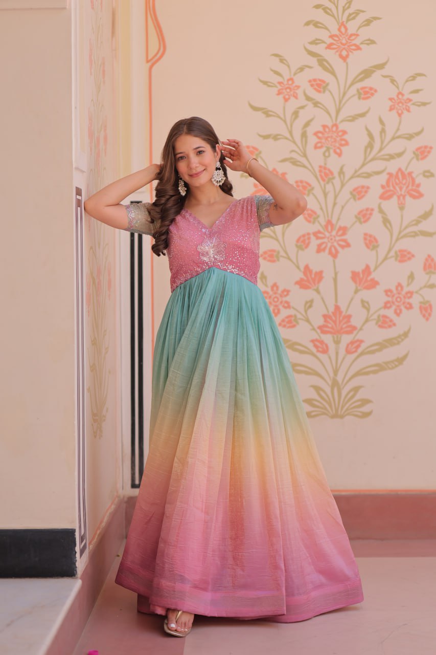 Elegant Ombre Anarkali Gown with Sequin Pink Bodice and Multicolor Flowing Skirt