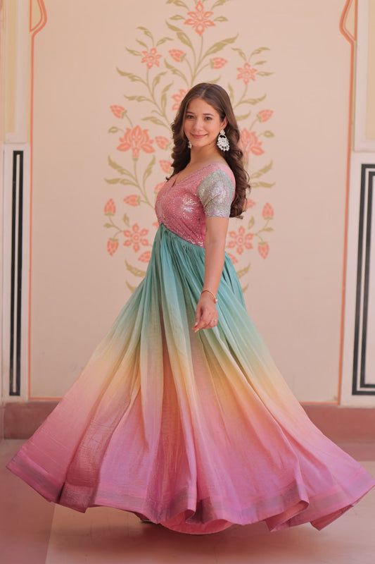 Elegant Ombre Anarkali Gown with Sequin Pink Bodice and Multicolor Flowing Skirt