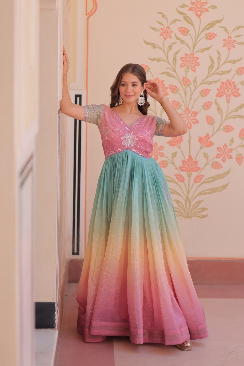 Elegant Ombre Anarkali Gown with Sequin Pink Bodice and Multicolor Flowing Skirt