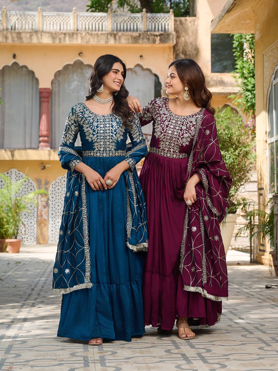 "Teal Blue Embroidered Anarkali Gown with Net Dupatta – Elegant Ethnic Wear for Weddings & Festive Occasions"