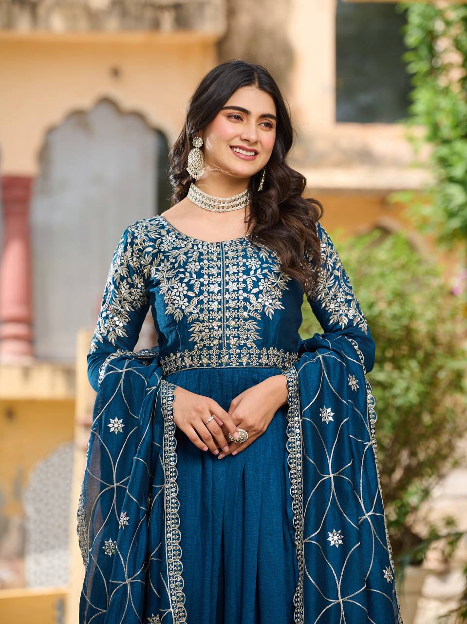 "Teal Blue Embroidered Anarkali Gown with Net Dupatta – Elegant Ethnic Wear for Weddings & Festive Occasions"