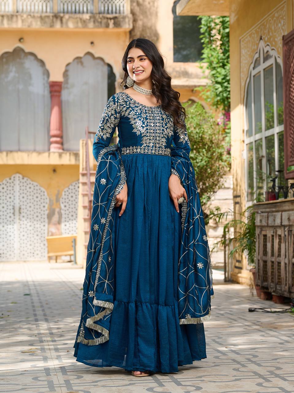 "Teal Blue Embroidered Anarkali Gown with Net Dupatta – Elegant Ethnic Wear for Weddings & Festive Occasions"