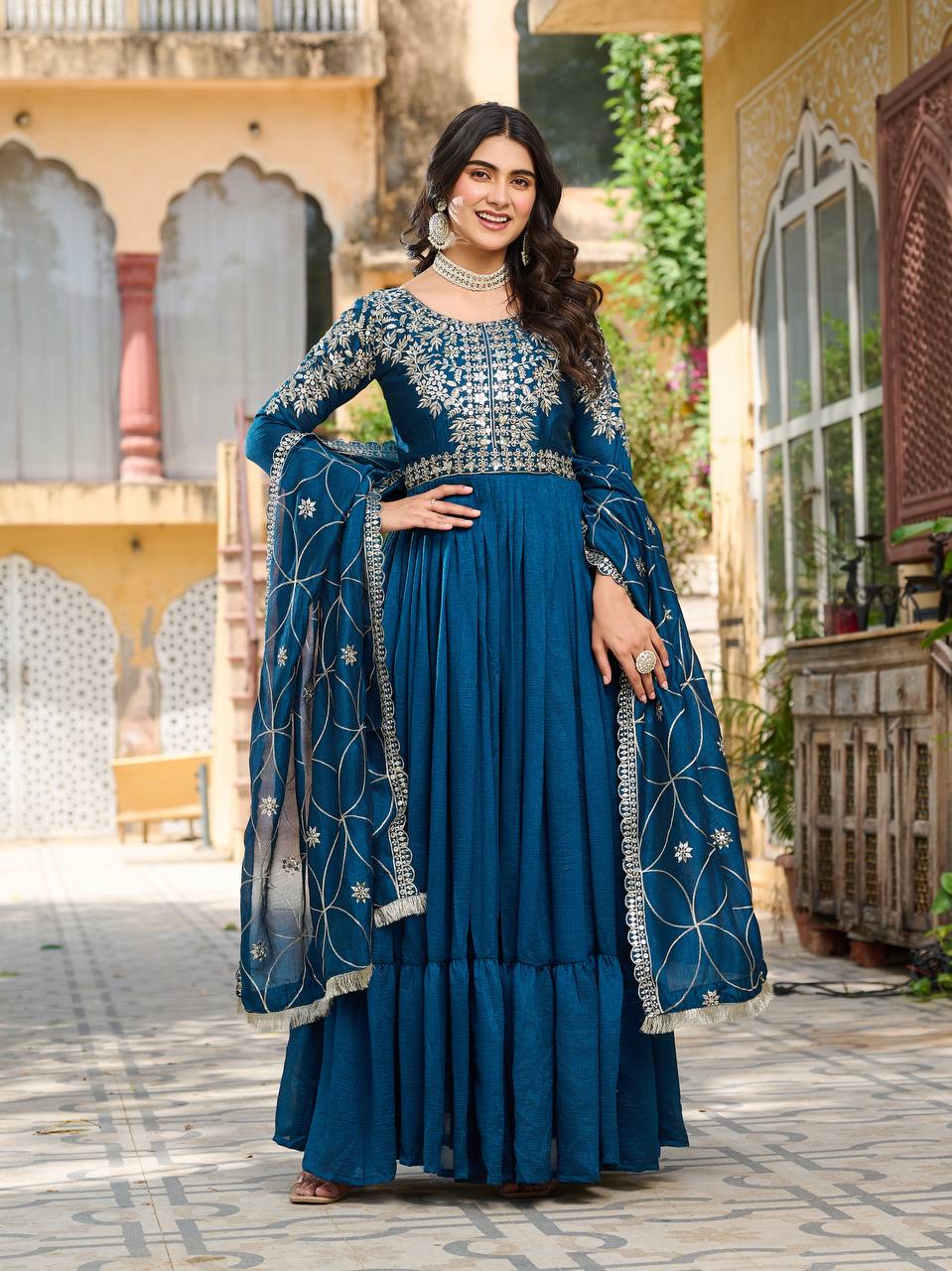 "Teal Blue Embroidered Anarkali Gown with Net Dupatta – Elegant Ethnic Wear for Weddings & Festive Occasions"