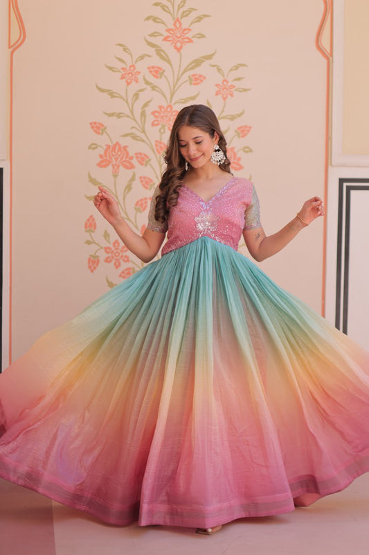 Elegant Ombre Anarkali Gown with Sequin Pink Bodice and Multicolor Flowing Skirt