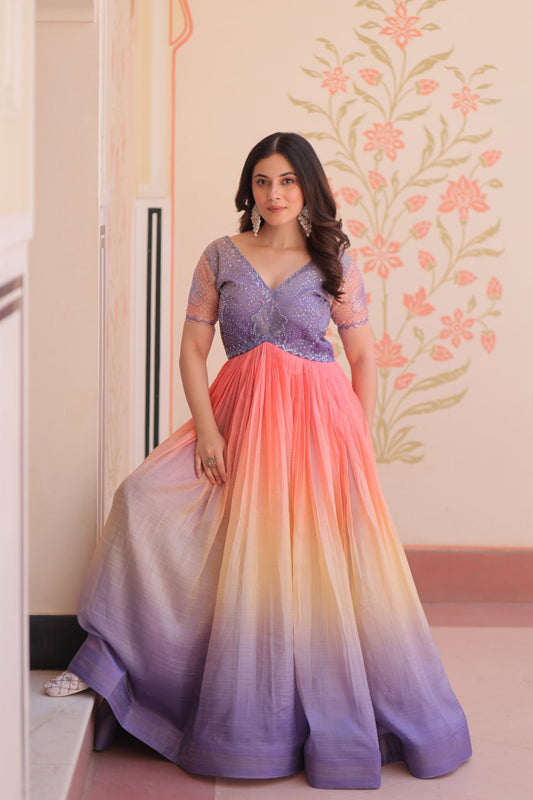 Elegant Ombre Anarkali Gown with Sequin Pink Bodice and Multicolor Flowing Skirt